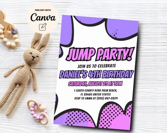 Invito per il 4° compleanno di Jump, invito per festa di compleanno con trampolino gonfiabile, compleanno a tema fumetto, modello Canva, download digitale