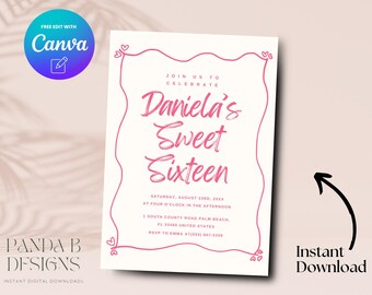 Pink 16th Birthday Invite, Minimalist Pink 16th Birthday Invitation, Editable Girl 16th Birthday Invite Canva Template, Digital Download