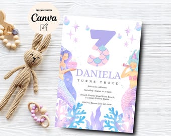 Editable Mermaid 3rd Birthday Invitation, Under the Sea Birthday Invitation Girl, Mermaid Birthday, Canva Template, Digital Download