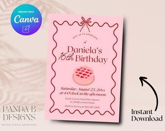Pink 16th Birthday Invite, Minimalist Pink 16th Birthday Invitation, Editable Girl 16th Birthday Invite Canva Template, Digital Download