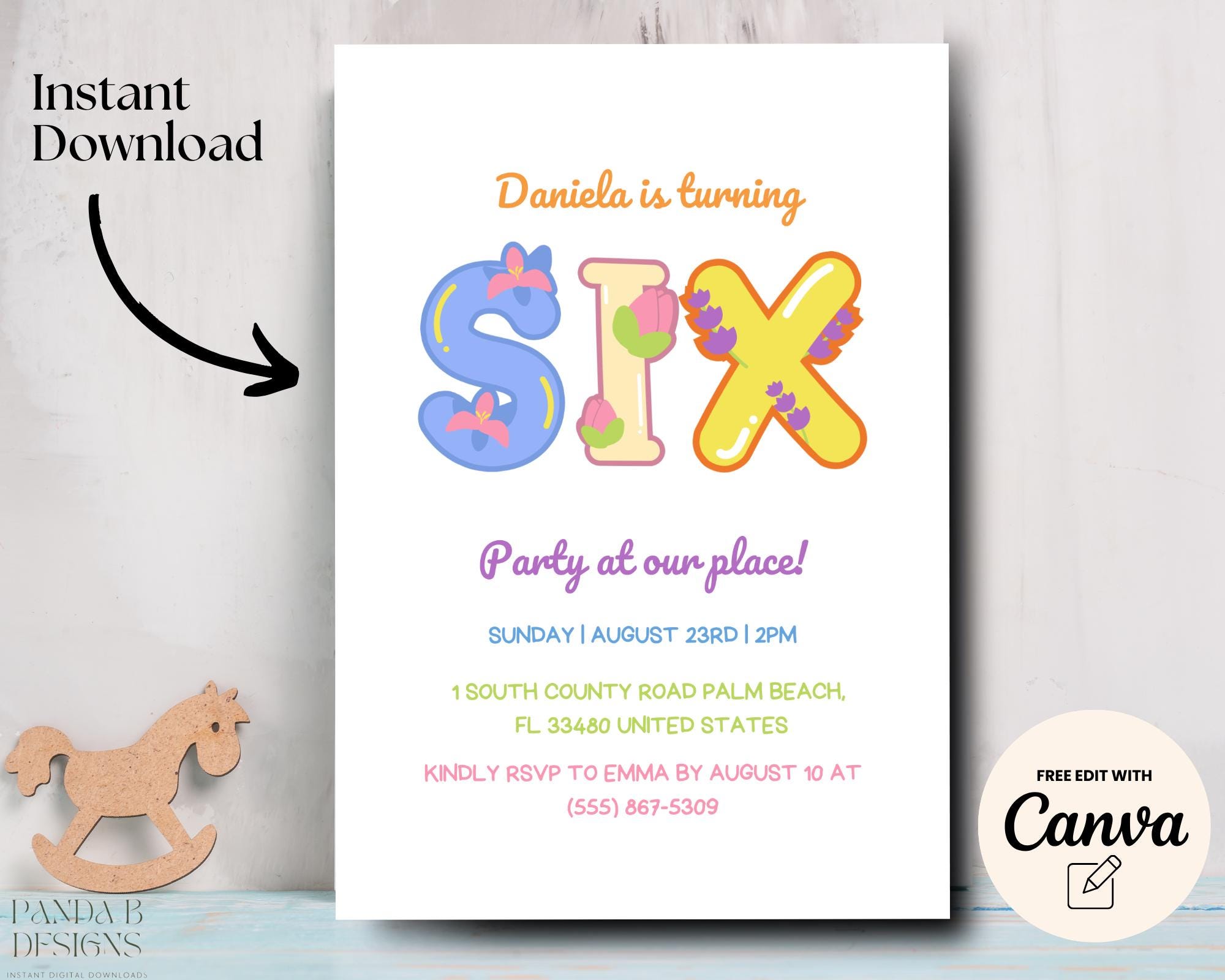Girl 6th Birthday Invitation, Spring Flower 6th Birthday Party