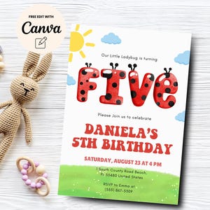 Ladybug 5th Birthday Invitation, EDITABLE 5th Digital Invitation, Little Lady bug 5th Birthday Party, Canva Editable, Digital Download