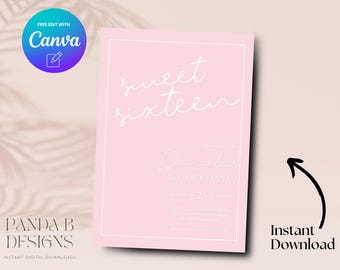 May include: Pink printable invitation with white text that says "Sweet Sixteen" and "Damebas 16th Birthday" with the date and time below. The text is in a cursive font.