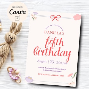 Coquette 5th Birthday Invitation Template, Girl Modern 5th Birthday Invitation Girl 5th Birthday Invite, Canva Template, Digital Download