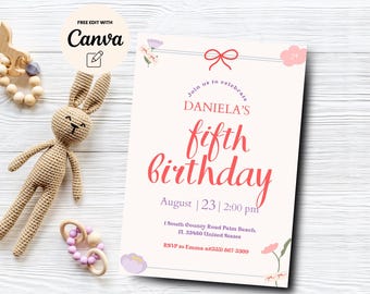 Coquette 5th Birthday Invitation Template, Girl Modern 5th Birthday Invitation Girl 5th Birthday Invite, Canva Template, Digital Download