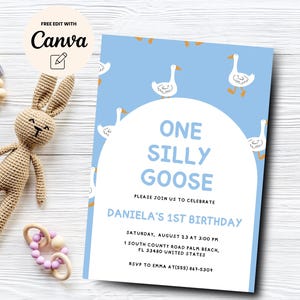 One Silly Goose 1st Birthday Invitation, Blue 1st Birthday Invite Printable Goose Birthday Invite, Canva Editable, Digital Download