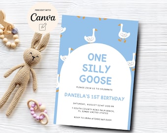 One Silly Goose 1st Birthday Invitation, Blue 1st Birthday Invite Printable Goose Birthday Invite, Canva Editable, Digital Download
