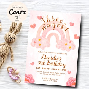 Threenager Invitiation Printable, Threenager Invite, 3rd Birthday, Girl Invite, Girl 3rd Digital Invite Canva Template, Digital Download,
