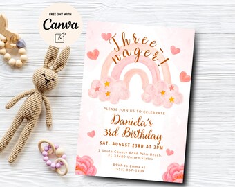 Invitación para niños de tres años imprimible, invitación para niños de tres años, tercer cumpleaños, invitación para niña, plantilla de Canva para invitación digital para niños de tres años, descarga digital,