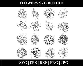 Flower SVG Bundle, Floral Outline Clipart PNG, SVG Cut Files, Wedding, Border, Bundle, Instant Download, Digital Product
