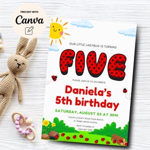 Ladybug 5th Birthday Invitation, EDITABLE 5th Digital Invitation, Little Lady bug 5th Birthday Party, Canva Editable, Digital Download
