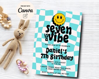 May include: A blue and white checkered birthday invitation with a yellow smiley face and the text "Seven is a Vibe". The invitation is for Daniel's 7th birthday party on Sunday, August 24th at 2:30 PM. The address is 1 South County Road Palm Beach, FL 33480. RSVP to Emma at (555) 867-5309.