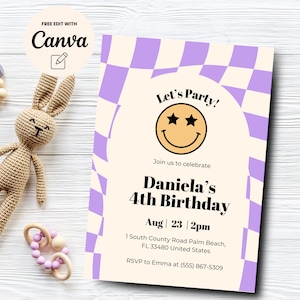 Smiley face 4th Birthday Invite, smiley face birthday Invitation, emoji invitation, smiley face invite, Canva Template, Digital Download