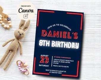 Editable Neon 8th Birthday Invite, Neon Birthday Party Invite, Boy Girl Neon 8th Birthday, Canva Template, Digital Download