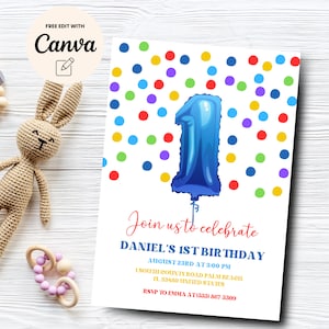 Colorful Confetti 1st Birthday Invitation, Boy Birthday Party Invite, Printable, Instant Download, Canva Template