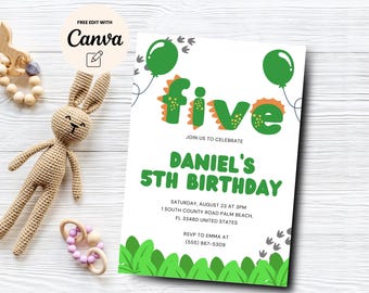 Dinosaur 5th Birthday Invitation, Dinosaur 5th Birthday, Dino Invite, Printable Birthday Invitation, Canva Template, Digital Download