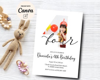 Invitación con foto editable para el cuarto cumpleaños, invitación para el cuarto cumpleaños, invitación con foto minimalista para el cuarto cumpleaños, Canva editable, descarga digital