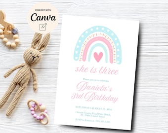 Rainbow Birthday Invitation Girls, Rainbow Party Invite, Rainbow Minimalist 3rd Birthday Invite, Canva Template, Digital Download