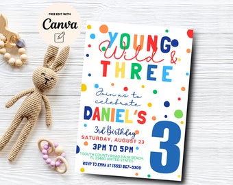 Third Birthday Invitation, Young Wild and Three, Confetti 3rd Birthday Invitation, Canva Template, Digital Download