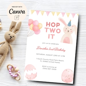 Bunny 2nd Birthday Invitation, Printable Pink Balloons, Bunnies Party Invite, Girl Second Birthday, Canva Template, Digital Download