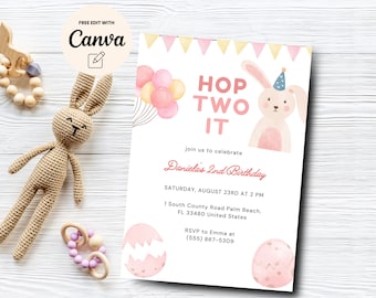Bunny 2nd Birthday Invitation, Printable Pink Balloons, Bunnies Party Invite, Girl Second Birthday, Canva Template, Digital Download