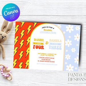 Groovy Double Birthday Invite for Kids, Girl Boy Birthday Invitation, Daisy Lightning invite Any Age, Canva Template, Instant Download