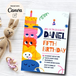 Monster 5th Birthday Invitation, Boy 5th Birthday, Cute Monster Boy Birthday Invite, Red 5th Birthday, Canva Template, Digital Download