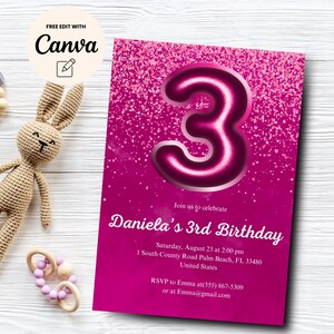 Pink 3rd Birthday Invitation, Girl 3rd birthday invitation, Baby Girl 3rd Birthday Invite, Pink Birthday, Canva Template, Digital Download
