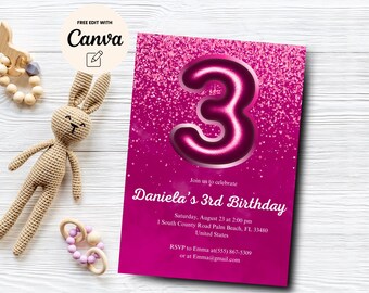 Rosa Geburtstagseinladung Mädchen, Mädchen 3.Geburtstagseinladung, Mädchen 3.Geburtstag einladen, Rosa Geburtstag einladen, Canva Vorlage, digitaler Download