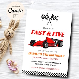 May include: A white invitation with red and black checkered flags, a red race car, and the text "Daniel is Fast & Five" for a 5th birthday party. The invitation includes the date, time, and location of the party.