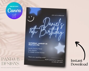 Neon 16th Birthday Invitation, Neon Blue Glitter 16th Birthday Invite, Blue Boy Birthday Invite Canva Template, Digital Download