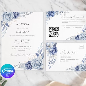 Dusty Blue Wedding Invitation, Printable Floral Invite, Canva Template, Instant Download, Digital Product