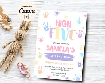 Pastel High Five 5th Birthday Invitation, 5th Party Invite, High Five Birthday, Colorful Birthday Invite, Canva Template, Digital Download