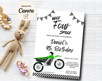 Dirt Bike 4th Birthday Invitation, Editable Need FOUR Speed Birthday Invite, Dirt Bike Racing Fourth Bday, Canva Template, Digital Download