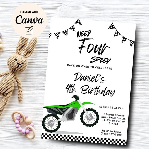 Dirt Bike 4th Birthday Invitation, Editable Need FOUR Speed Birthday Invite, Dirt Bike Racing Fourth Bday, Canva Template, Digital Download