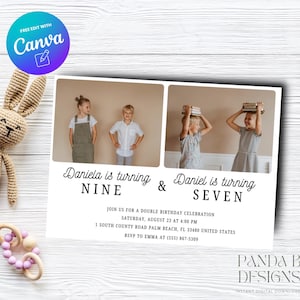 Photo Double Birthday Invite for Kids, Girl Boy Photo Birthday Invitation Joint Photo invite Any Age, Canva Template, Instant Download