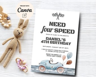 Need Four Speed Invitation, Editable Race Car 4th Birthday Invite, Editable Boy 4th Birthday Invitation, Canva Template, Digital Download