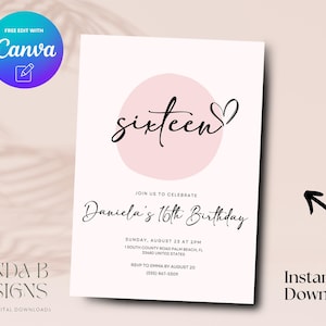 Minimalist Sixteen 16th Birthday Invite, Pink 16th Birthday Invitation, Sweet Sixteen Birthday Invite Canva Template, Digital Download