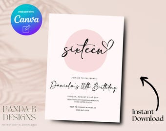 Minimalist Sixteen 16th Birthday Invite, Pink 16th Birthday Invitation, Sweet Sixteen Birthday Invite Canva Template, Digital Download