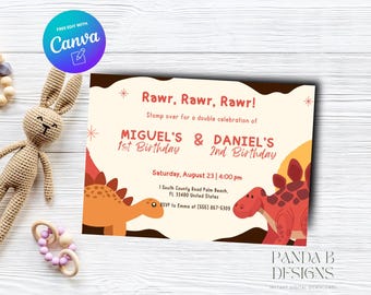 Dinosaur Double Birthday Invite for Kids, Girl Boy Birthday Invitation, Dinosaur Trex invite Any Age, Canva Template, Instant Download