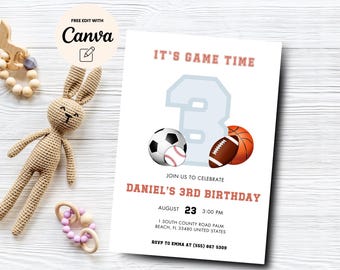 Sports Theme 3rd Birthday Invitation, Let's Have a Ball, Basketball, Football, Soccer, Boy Birthday, Canva Template, Digital Download