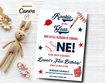 Invitación al 1er cumpleaños de béisbol, conjunto de plantillas de invitación editables para novato del año, Canva editable, descarga digital