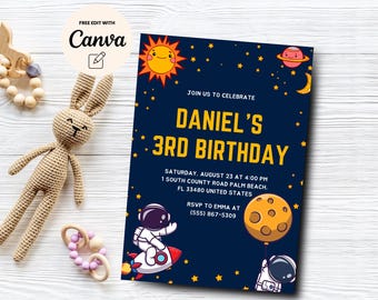Space 3rd Birthday Invitation, Editable Astronaut 3rd Birthday Invite, Editable Boy 3rd Birthday Invitation Canva Template, Digital Download