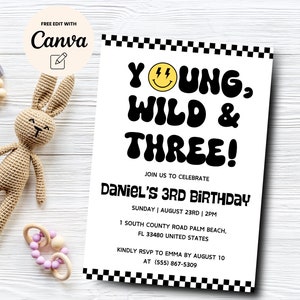 Jeune sauvage et trois inviter, sourire visage anniversaire inviter, 3e anniversaire de garçon, sourire éclair, modèle de toile, téléchargement numérique