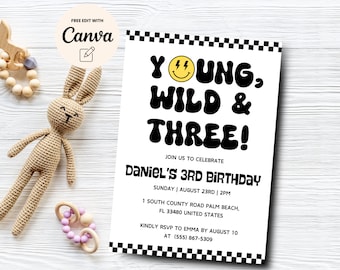 Young Wild and Three Invite, Smile Face Birthday Invite, Boy 3rd Birthday, Lightening Bolt Smile, Canva Template, Digital Download