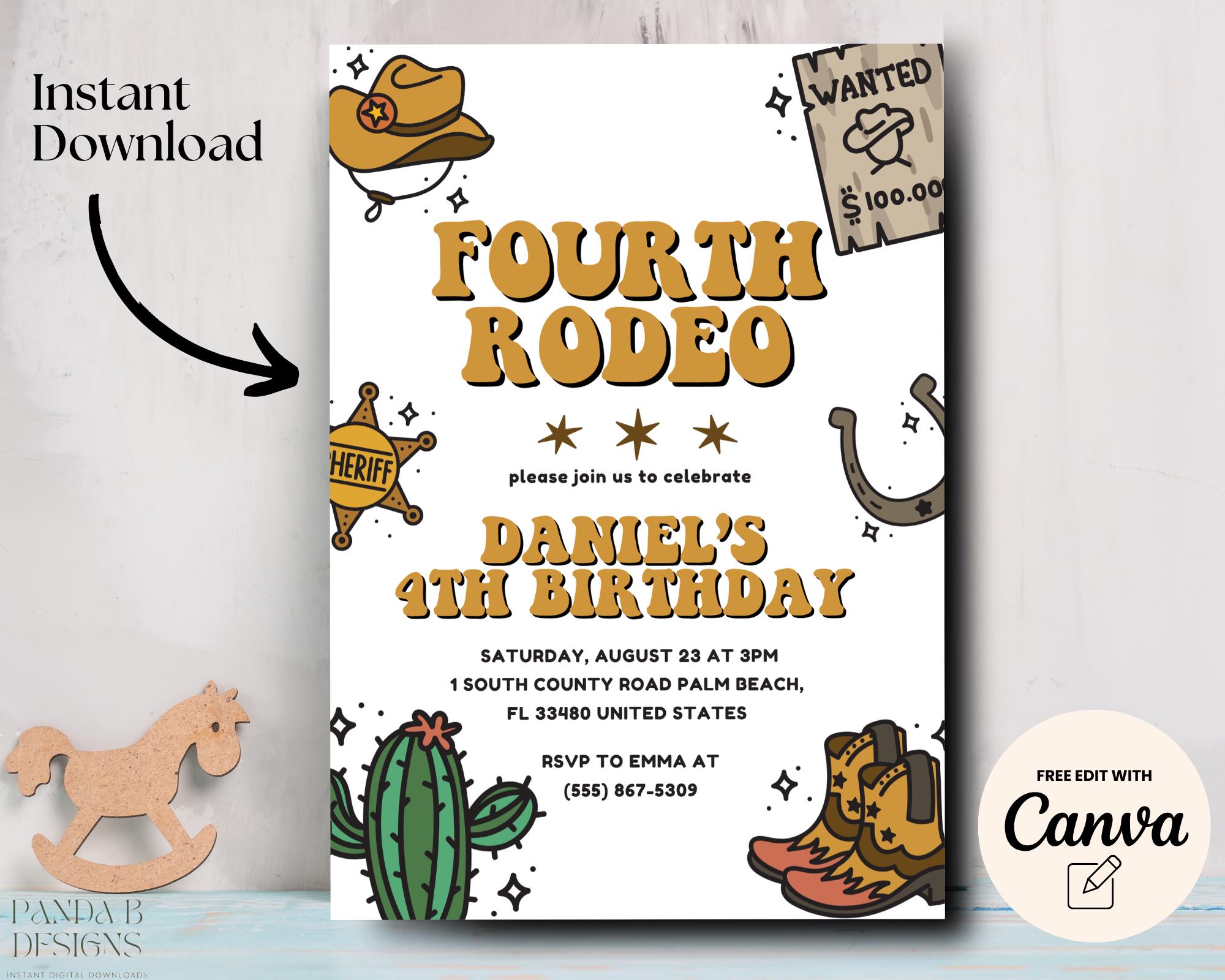 Fourth Rodeo Birthday Party Invitation, Wild West 4th Birthday Editable ...