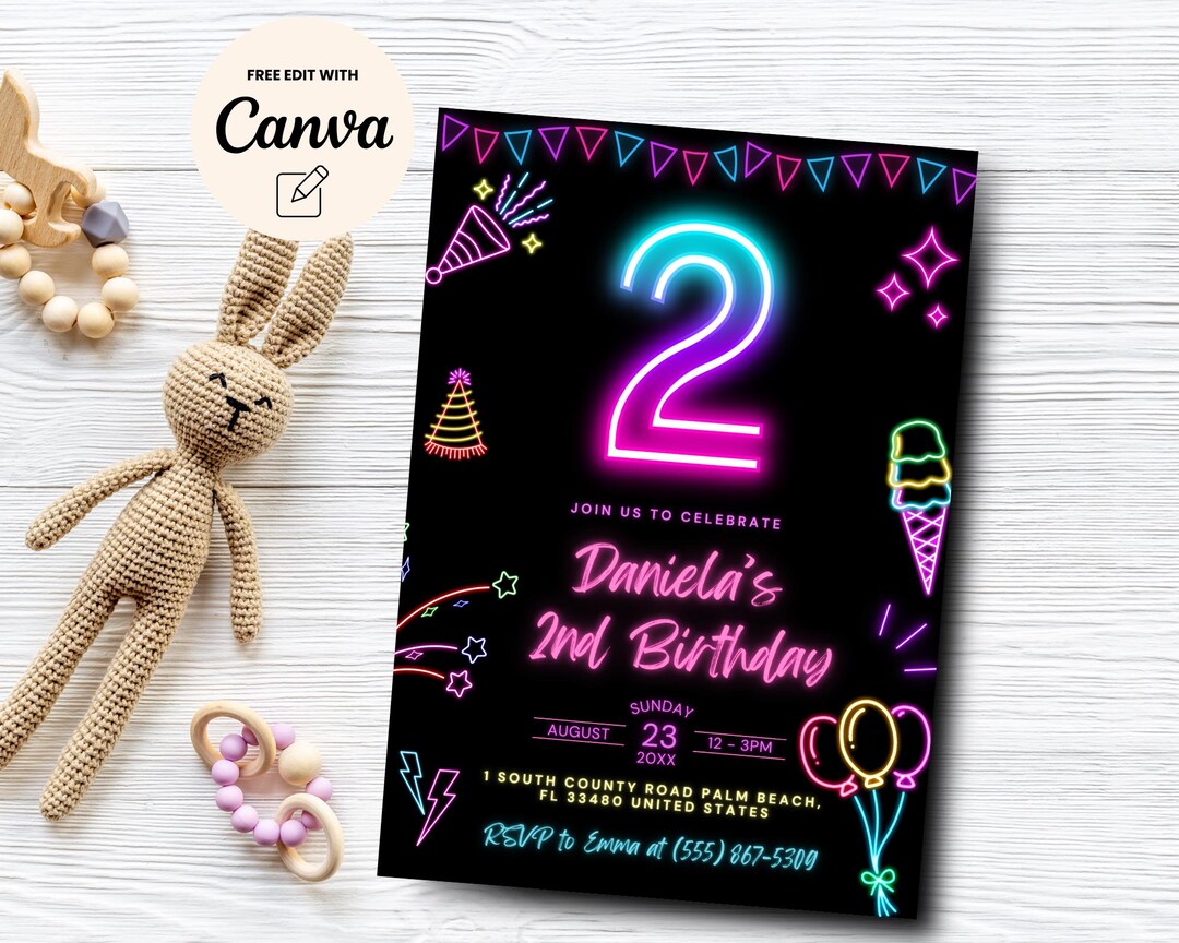 Neon 2nd Birthday Invitation Template, Glow Neon 2nd Birthday ...