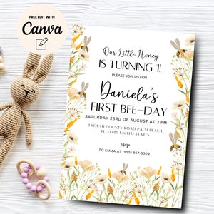 Bee Birthday Invitation, 1st Bee Day Invitation, Floral Bee Birthday, Honey Bee Invitation, Canva Editable, Digital Download, Printable