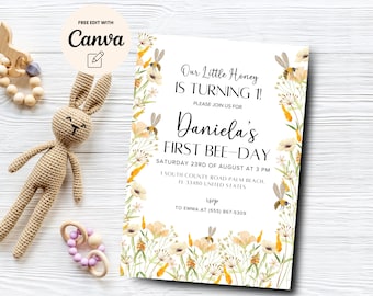 Bee verjaardagsuitnodiging, 1e Bee Day-uitnodiging, Floral Bee verjaardag, Honey Bee-uitnodiging, bewerkbaar canvas, digitale download, afdrukbaar