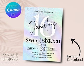 Sweet Sixteen 16th Birthday Invitation, Editable Rainbow 16th Birthday Invite, Number 16th Birthday Canva Template, Digital Download